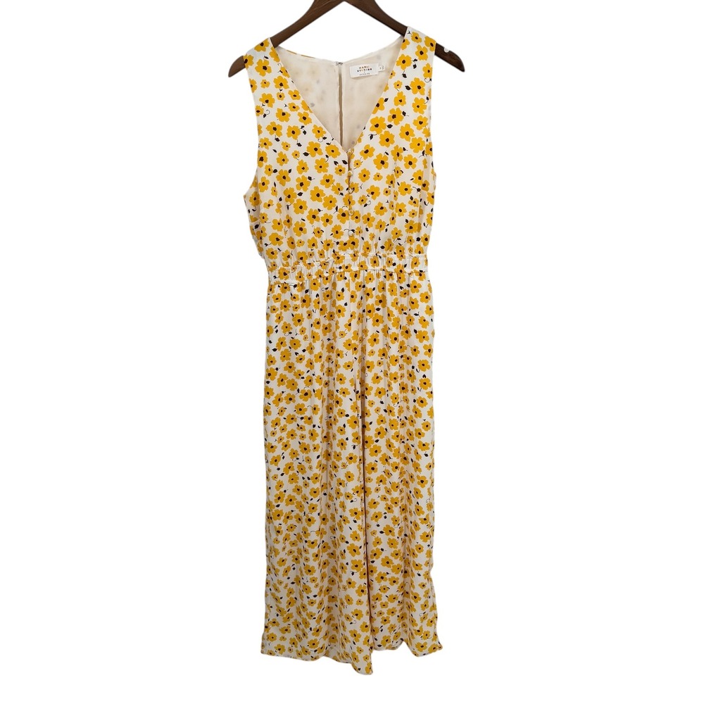 Katie Sturino Jumpsuit M Yellow Floral Farmers Market Garden Party Brunch Pocket